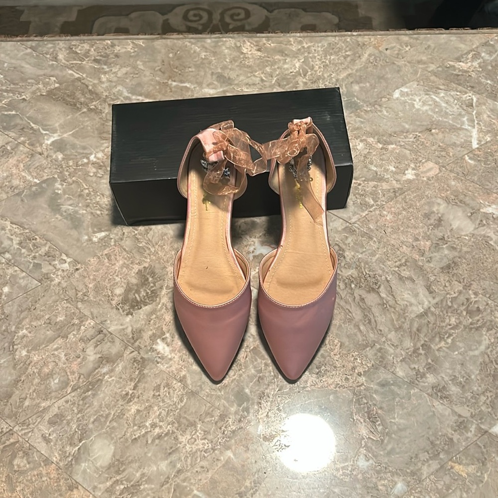 Lulus coper color flats with ribbon and jeweled ankle tie